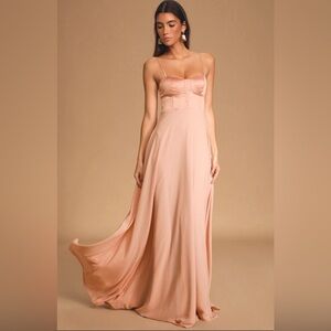 NEW Lulus Best Part of Me Blush Satin Bustier Chiffon Maxid Dress Gown Size XS